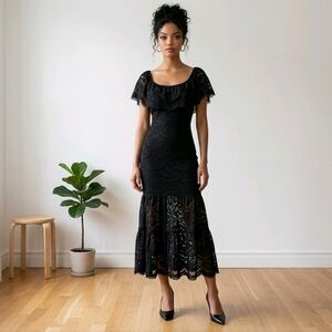 Black Lace Maxi Dress Size XS Ruffle Mermaid Gothic Whimsigoth Boho Romantic